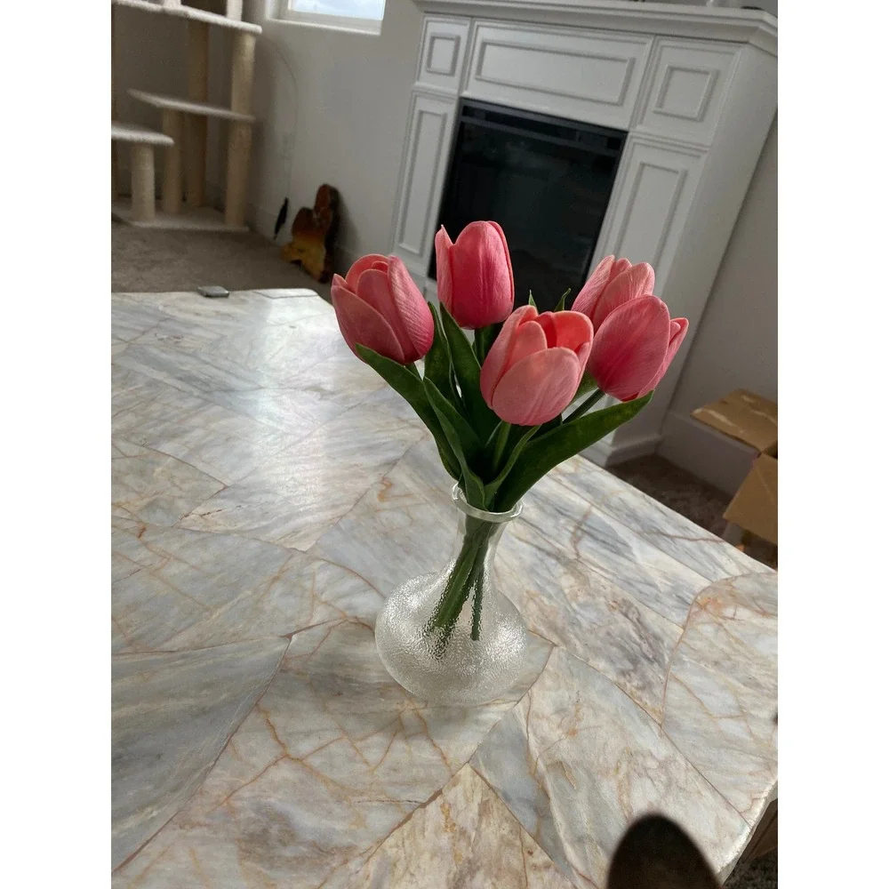 Pink Faux Tulips in‎ Textured Clear Glass Bud Vase Arrangement 8.5 Inch